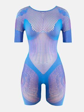 NEW Poster Girl Vivian Playsuit in Crypto Blue Fishnet Sheer Mesh Short Romper